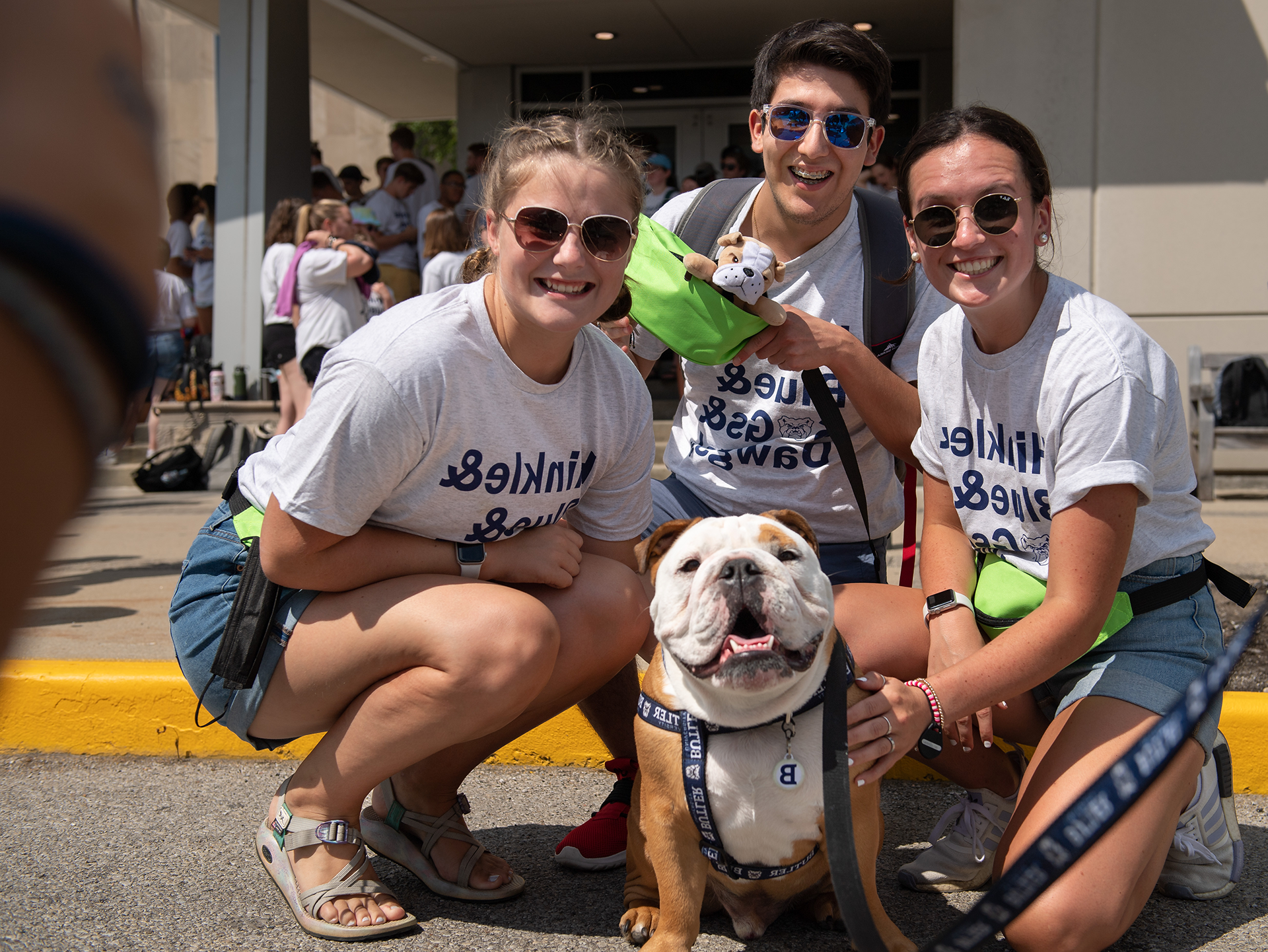 Bulldog in a Butler harness and leash with 3 students around him in white t-shirts and sunglasses